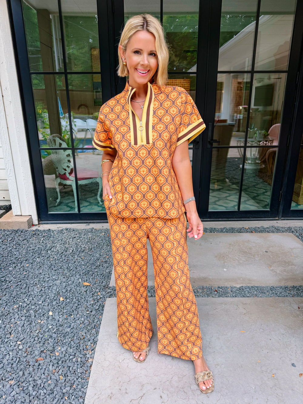 NEVER MISS A MOMENT FLORAL MEDALLION PANT SET - ORANGE