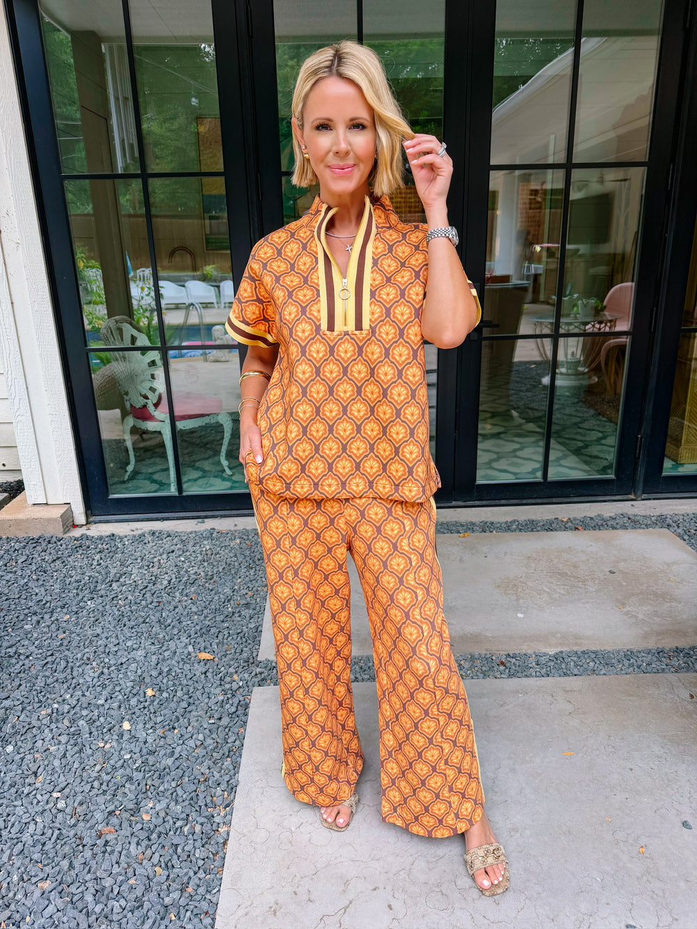 NEVER MISS A MOMENT FLORAL MEDALLION PANT SET - ORANGE