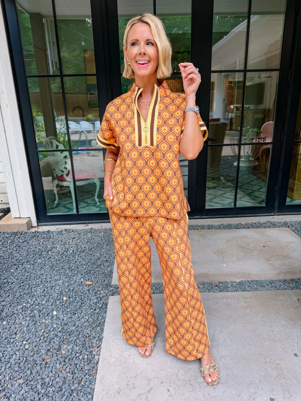 NEVER MISS A MOMENT FLORAL MEDALLION PANT SET - ORANGE
