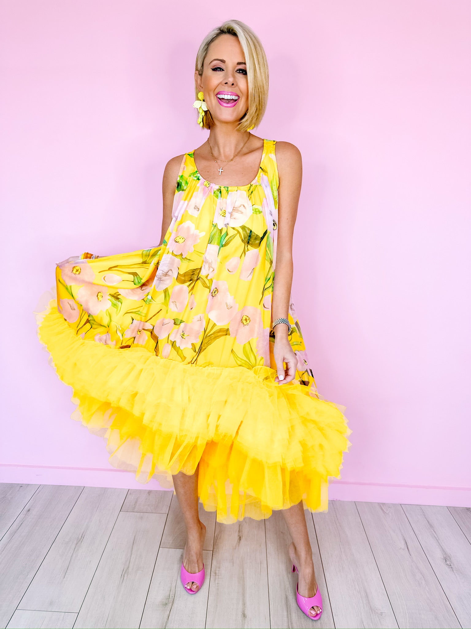 HELLO YELLOW FLORAL HI LOW TULLE DRESS