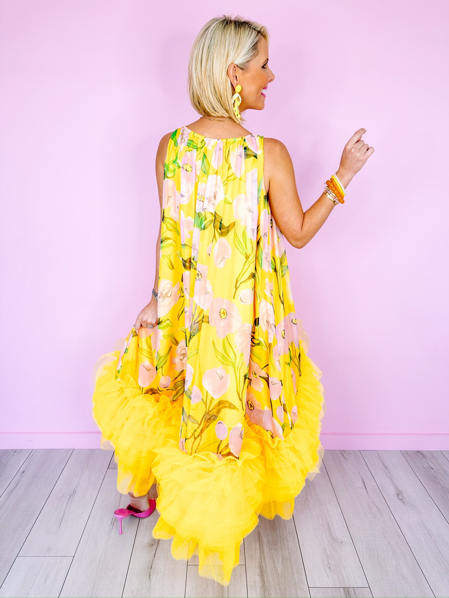 HELLO YELLOW FLORAL HI LOW TULLE DRESS