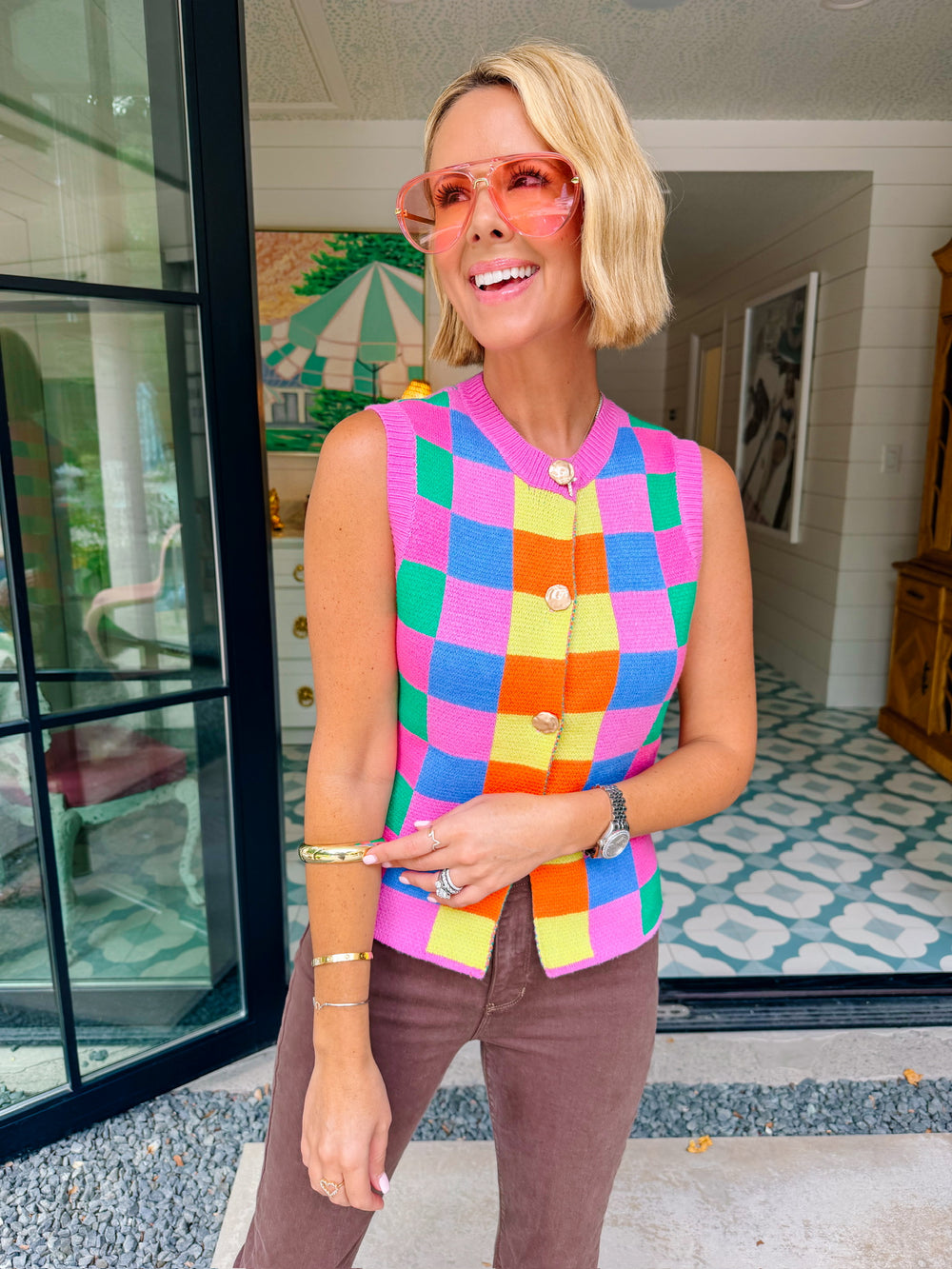 IT CHECKS ALL THE BOXES CHECKERED KNIT TOP