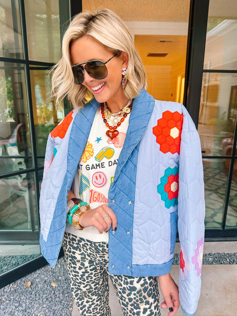 SWEET AS CAN BE HONEY COMB BLOOMS QUILTED JACKET - BLUE