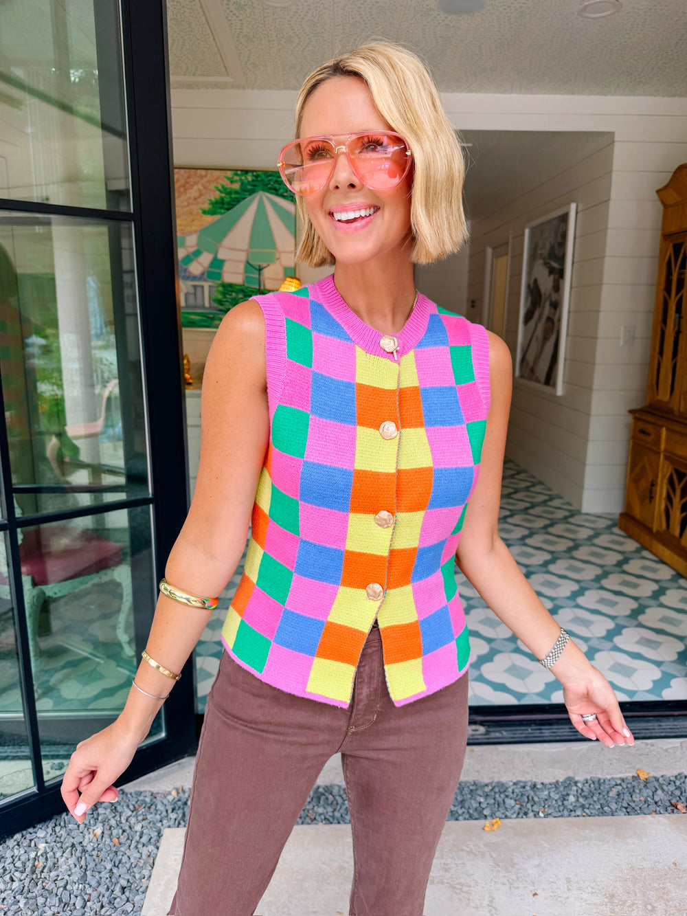 IT CHECKS ALL THE BOXES CHECKERED KNIT TOP