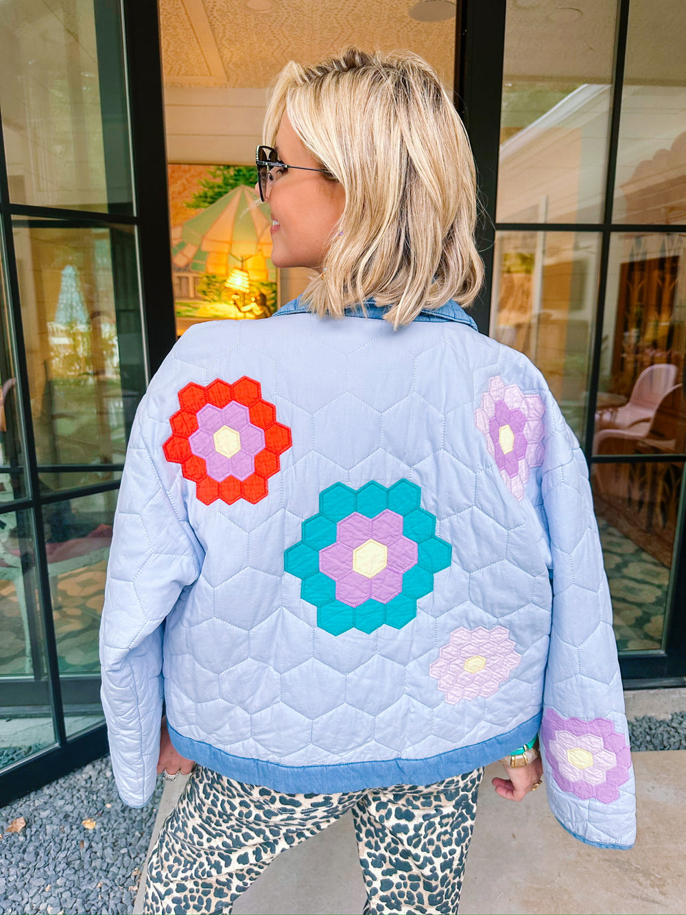 SWEET AS CAN BE HONEY COMB BLOOMS QUILTED JACKET - BLUE
