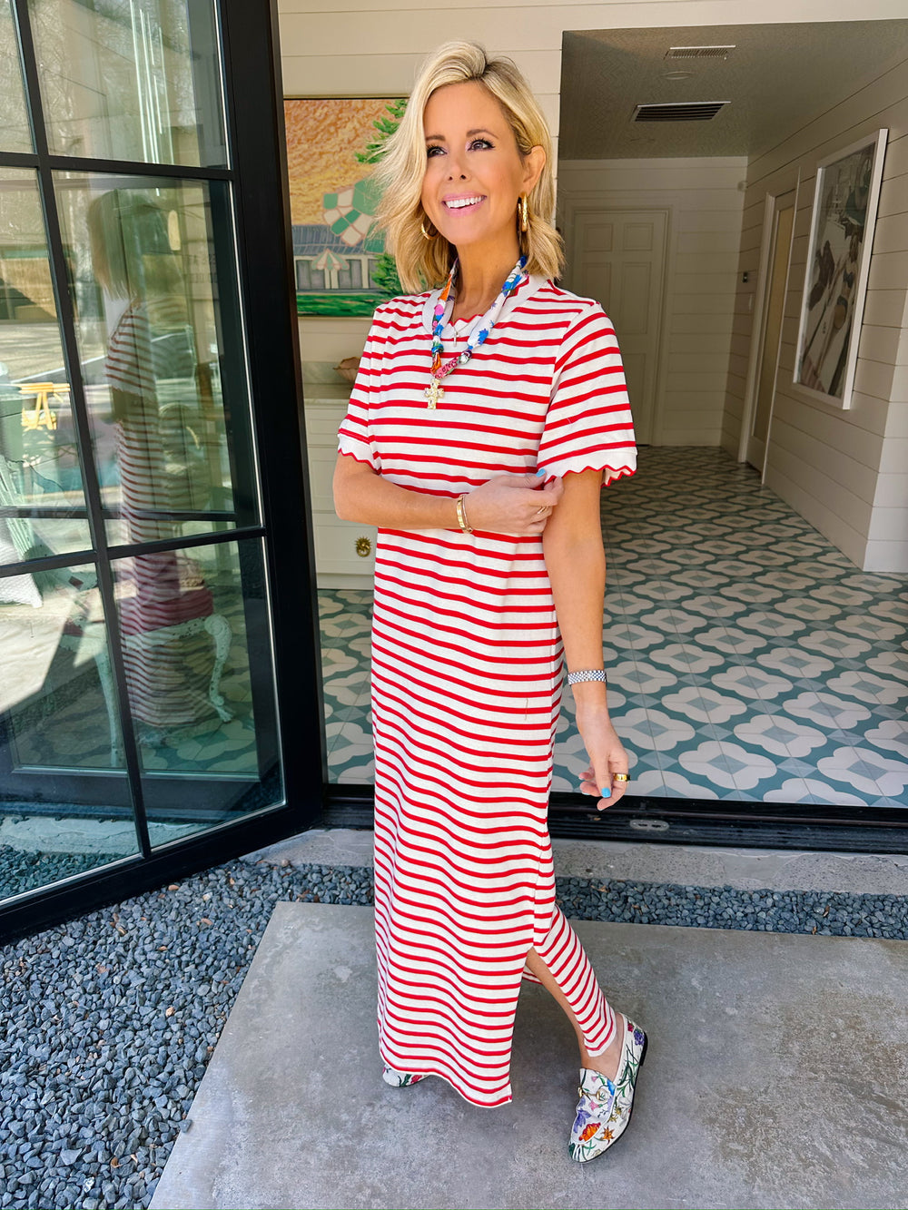 LOVELY LINES STRIPE SCALLOP MIDI DRESS - RED