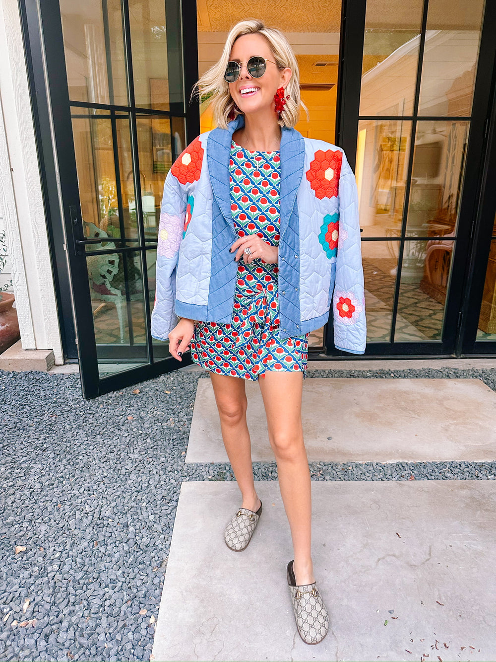 SWEET AS CAN BE HONEY COMB BLOOMS QUILTED JACKET - BLUE