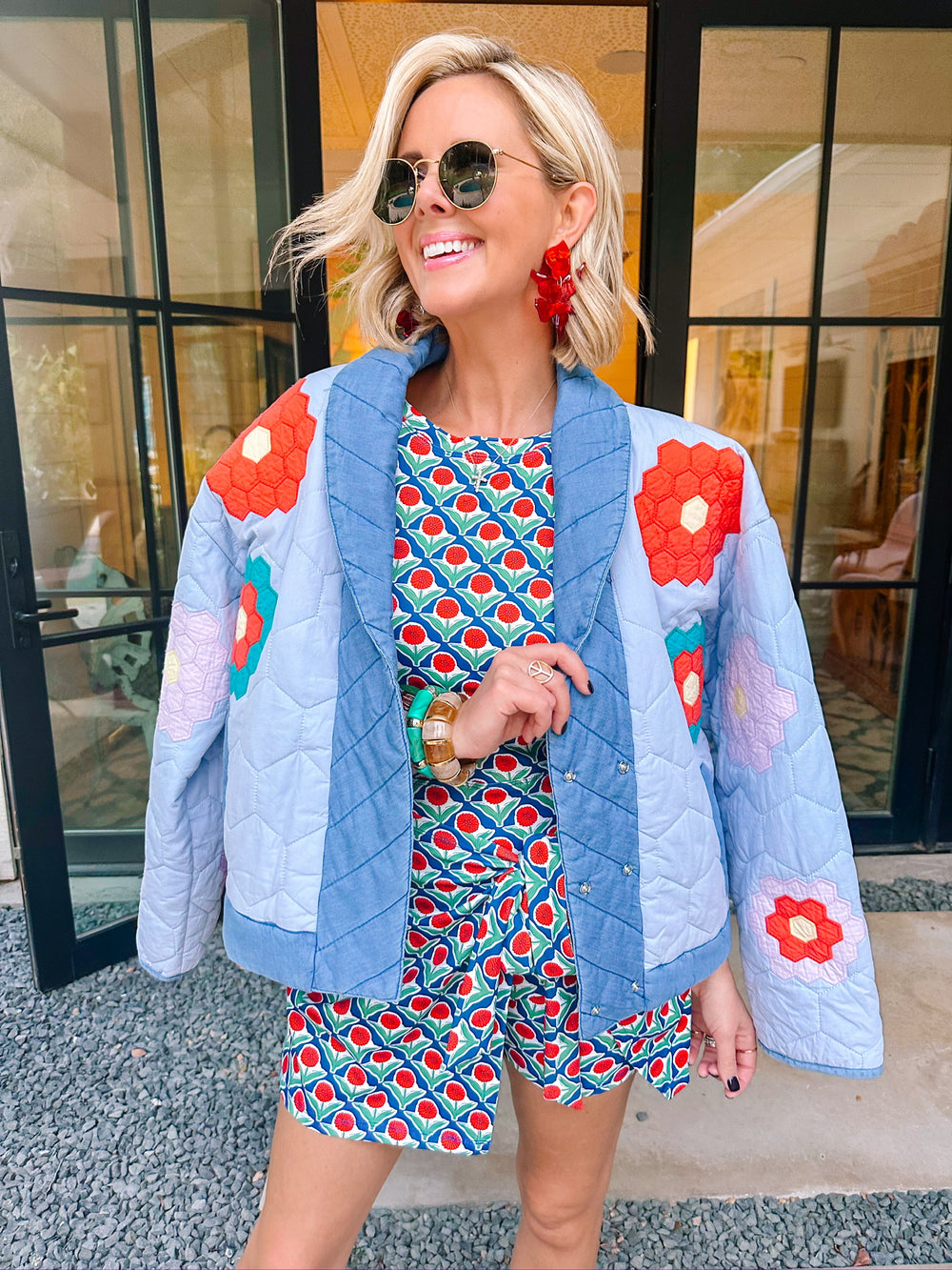 SWEET AS CAN BE HONEY COMB BLOOMS QUILTED JACKET - BLUE