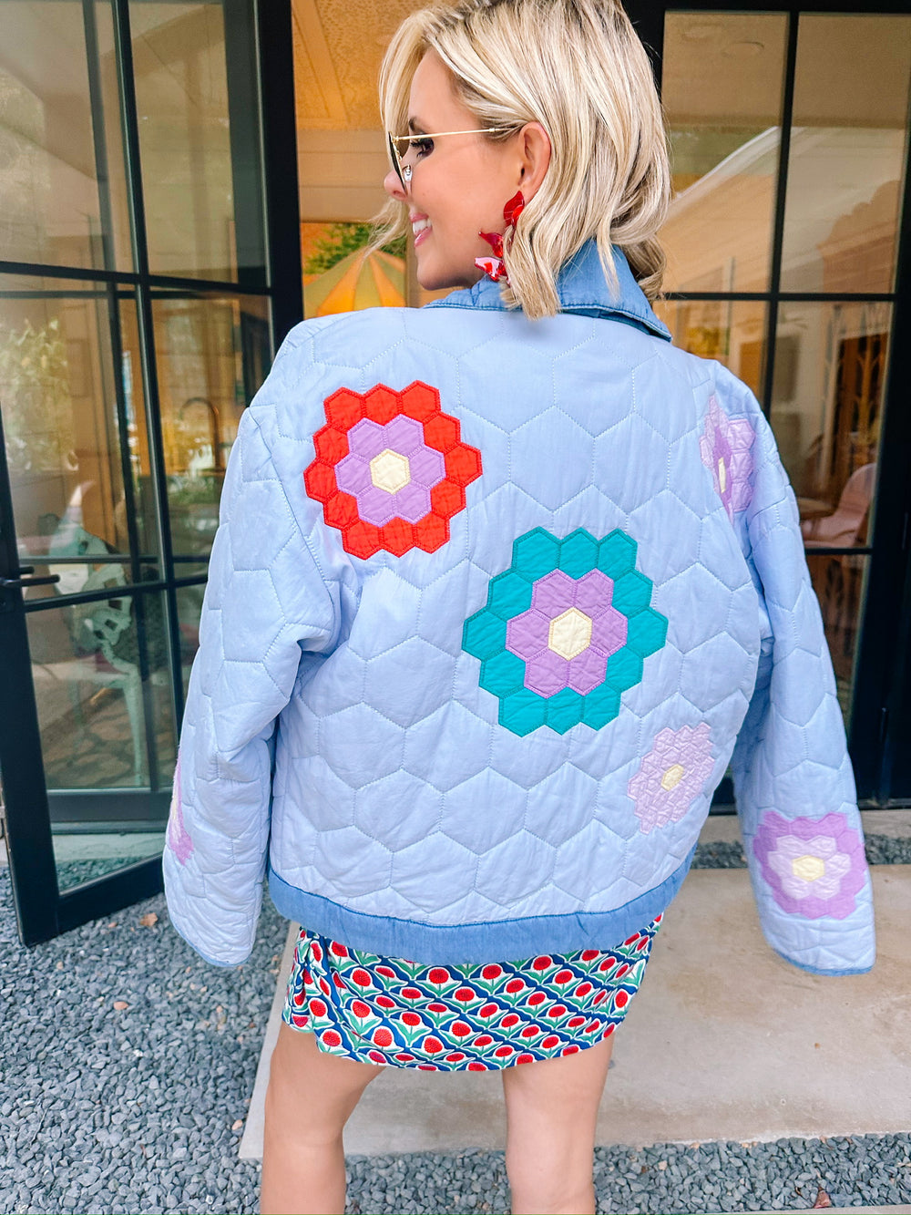 SWEET AS CAN BE HONEY COMB BLOOMS QUILTED JACKET - BLUE