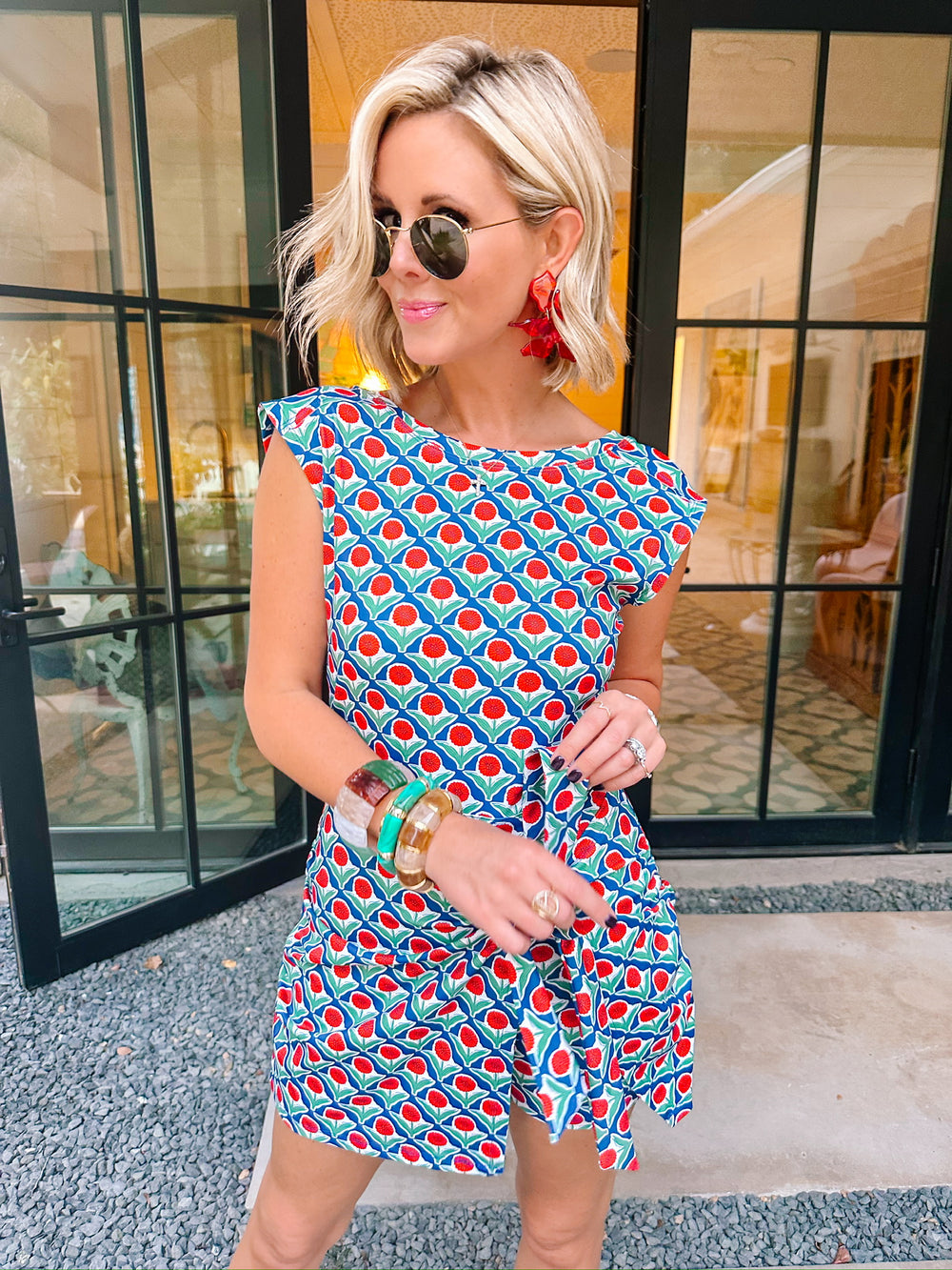 RUN AROUND THE FLORAL BLOCK PRINT ATHLETIC ROMPER - NAVY