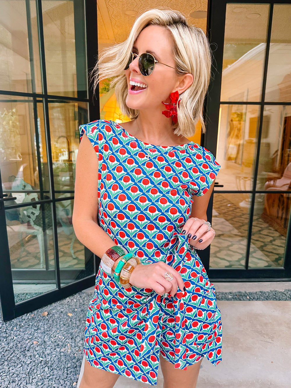 RUN AROUND THE FLORAL BLOCK PRINT ATHLETIC ROMPER - NAVY