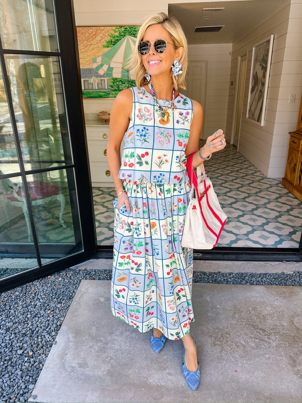 GRACIE FLORAL GRID MIDI SKIRT SET - BLUE