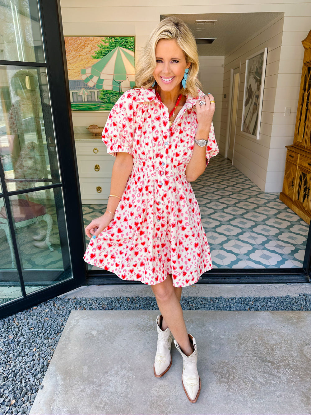 STOLEN HEARTS LEOPARD PUFF SLEEVE DRESS - CREAM/RED