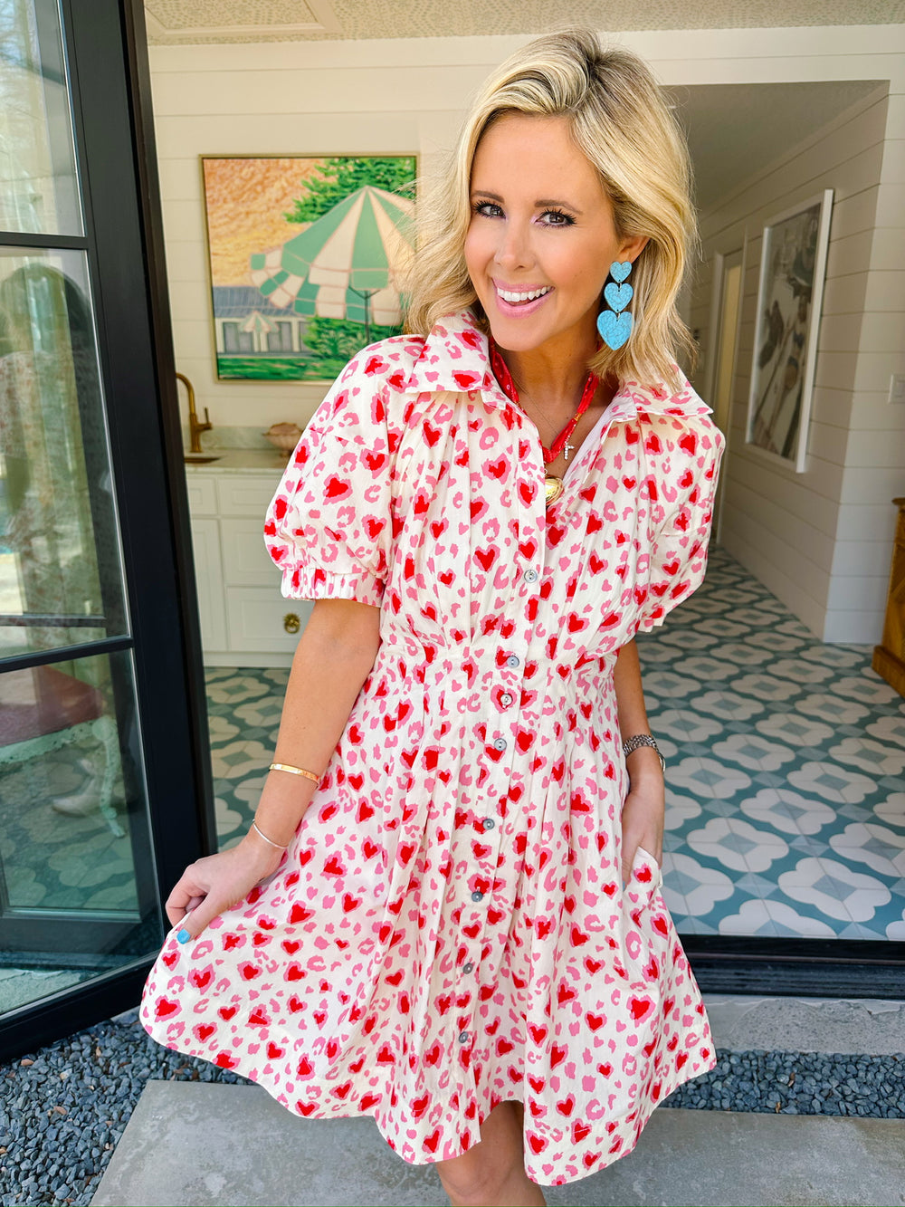 STOLEN HEARTS LEOPARD PUFF SLEEVE DRESS - CREAM/RED