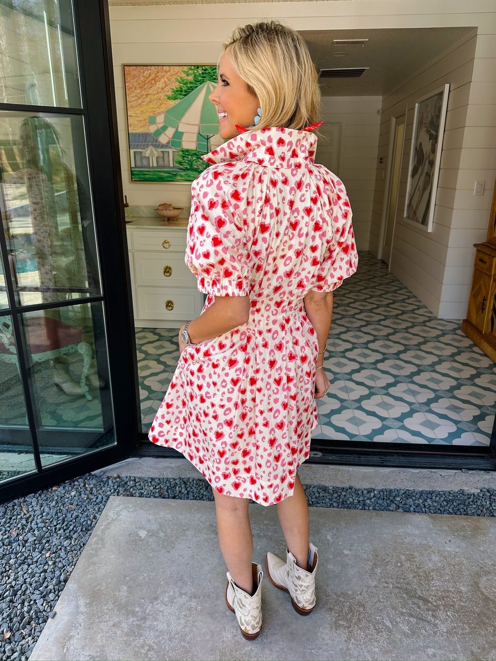 STOLEN HEARTS LEOPARD PUFF SLEEVE DRESS - CREAM/RED