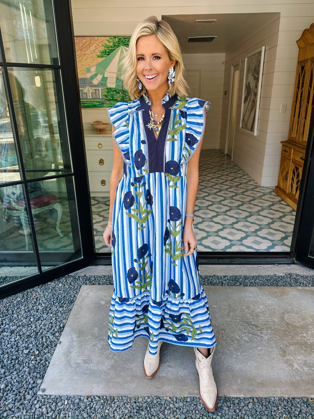 WISHFUL THINKING DANDELION STRIPE MIDI DRESS - BLUE