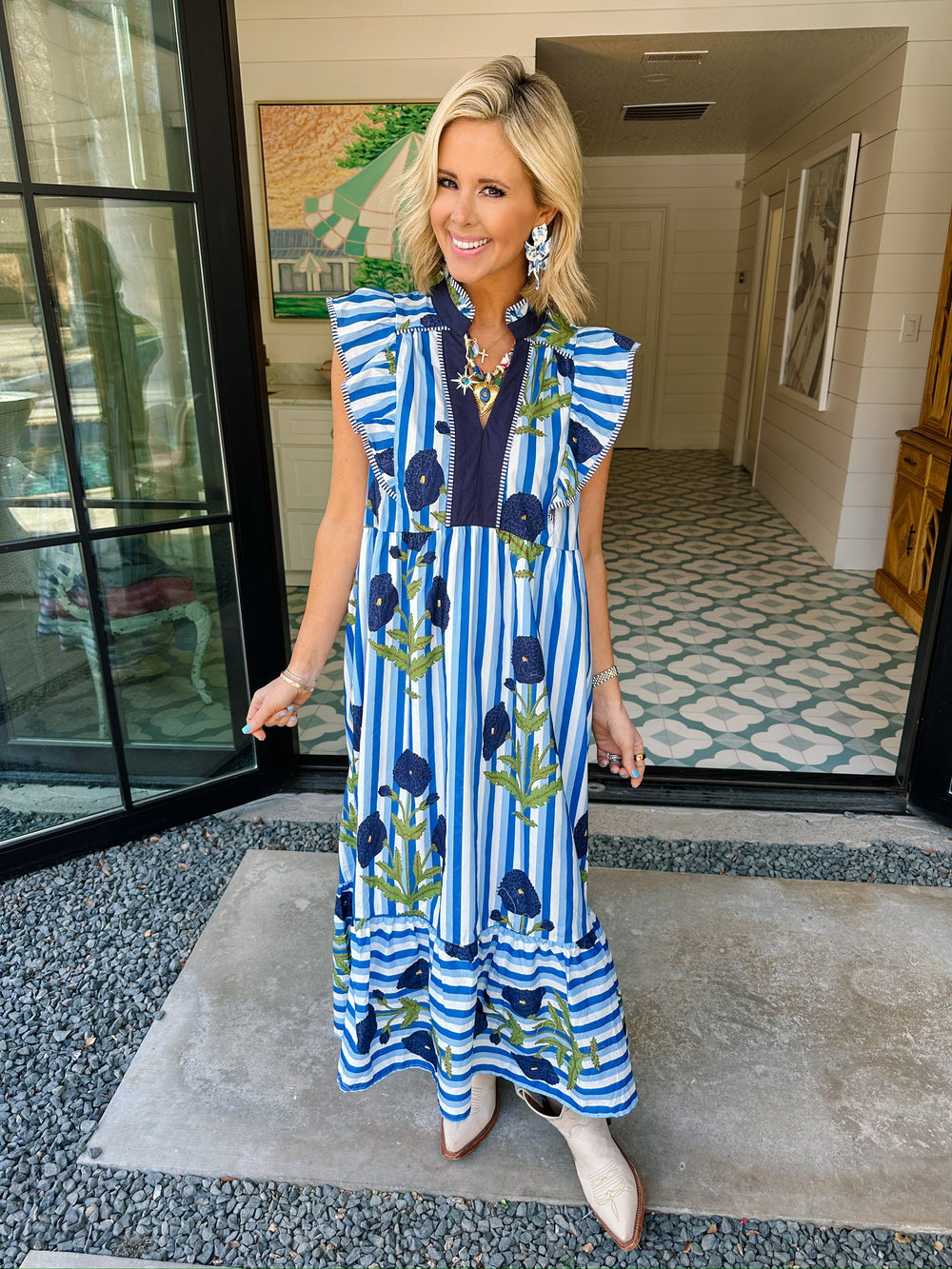 WISHFUL THINKING DANDELION STRIPE MIDI DRESS - BLUE