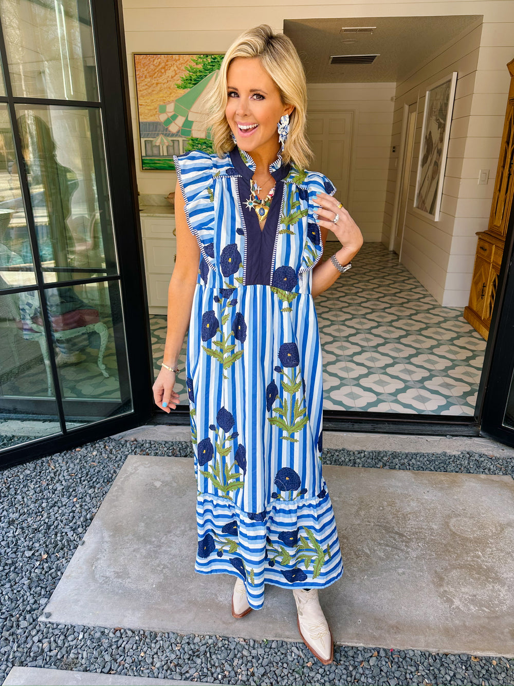 WISHFUL THINKING DANDELION STRIPE MIDI DRESS - BLUE