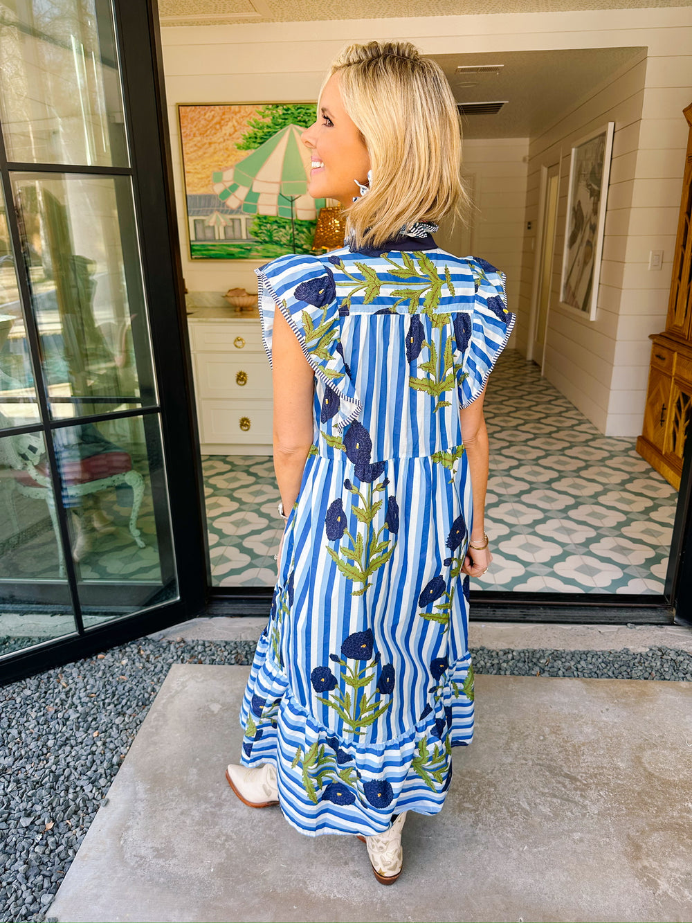 WISHFUL THINKING DANDELION STRIPE MIDI DRESS - BLUE