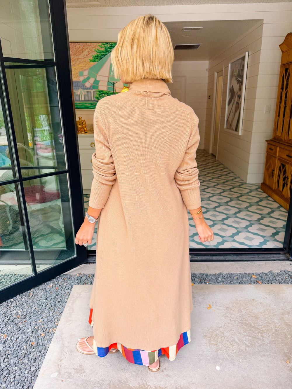 HERE FOR THE LONG HAUL WAFFLE KNIT DUSTER CARDIGAN - CAMEL
