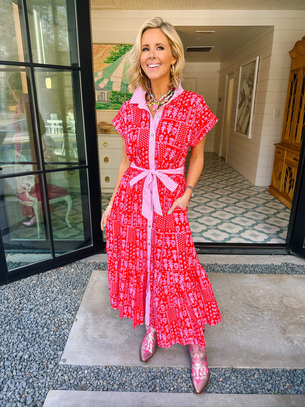 KEEP THEM GUESSING FLORAL STRIPE TRIM MIDI DRESS - RED