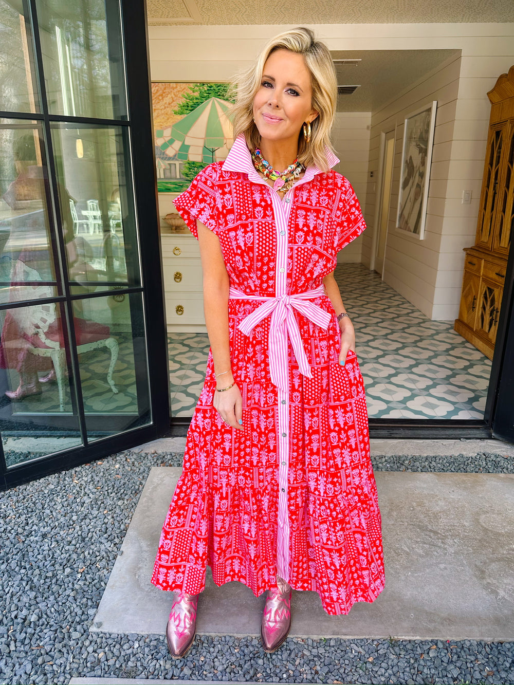 KEEP THEM GUESSING FLORAL STRIPE TRIM MIDI DRESS - RED