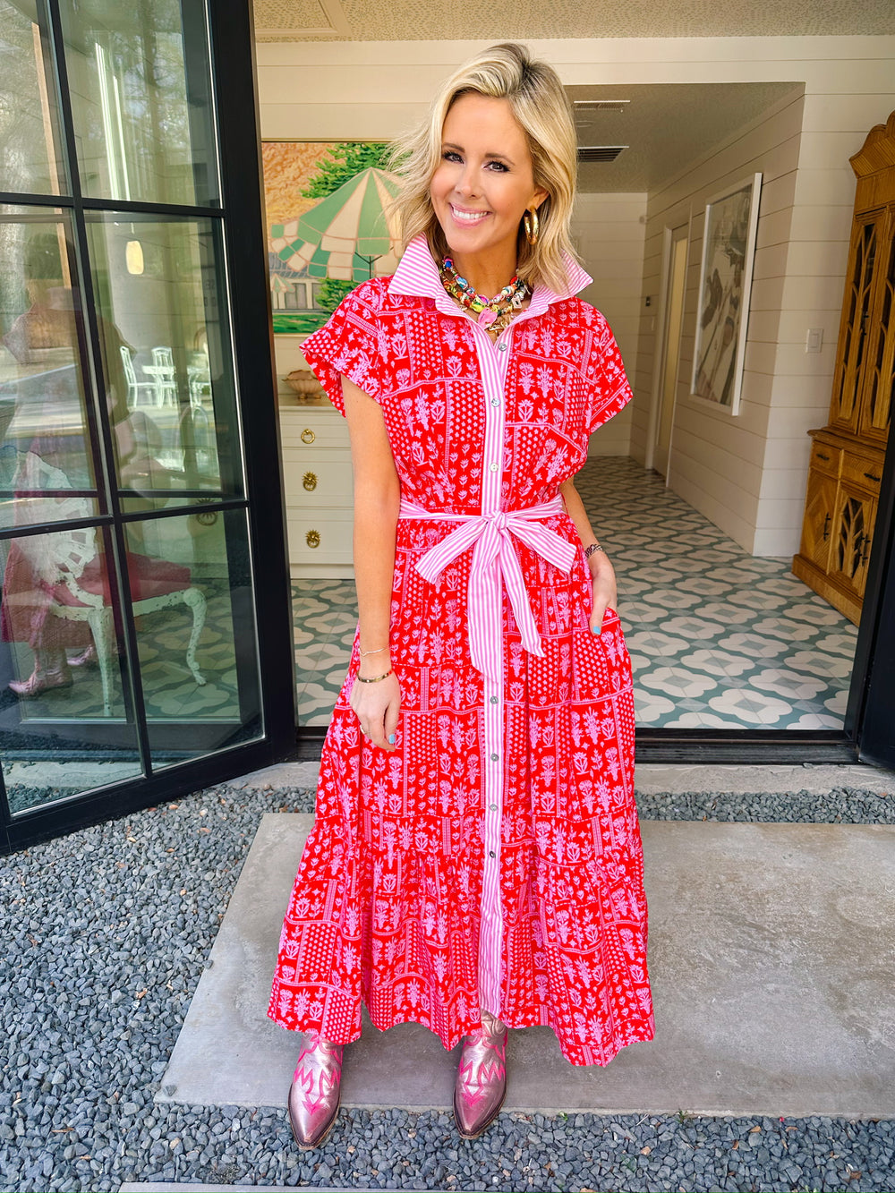 KEEP THEM GUESSING FLORAL STRIPE TRIM MIDI DRESS - RED