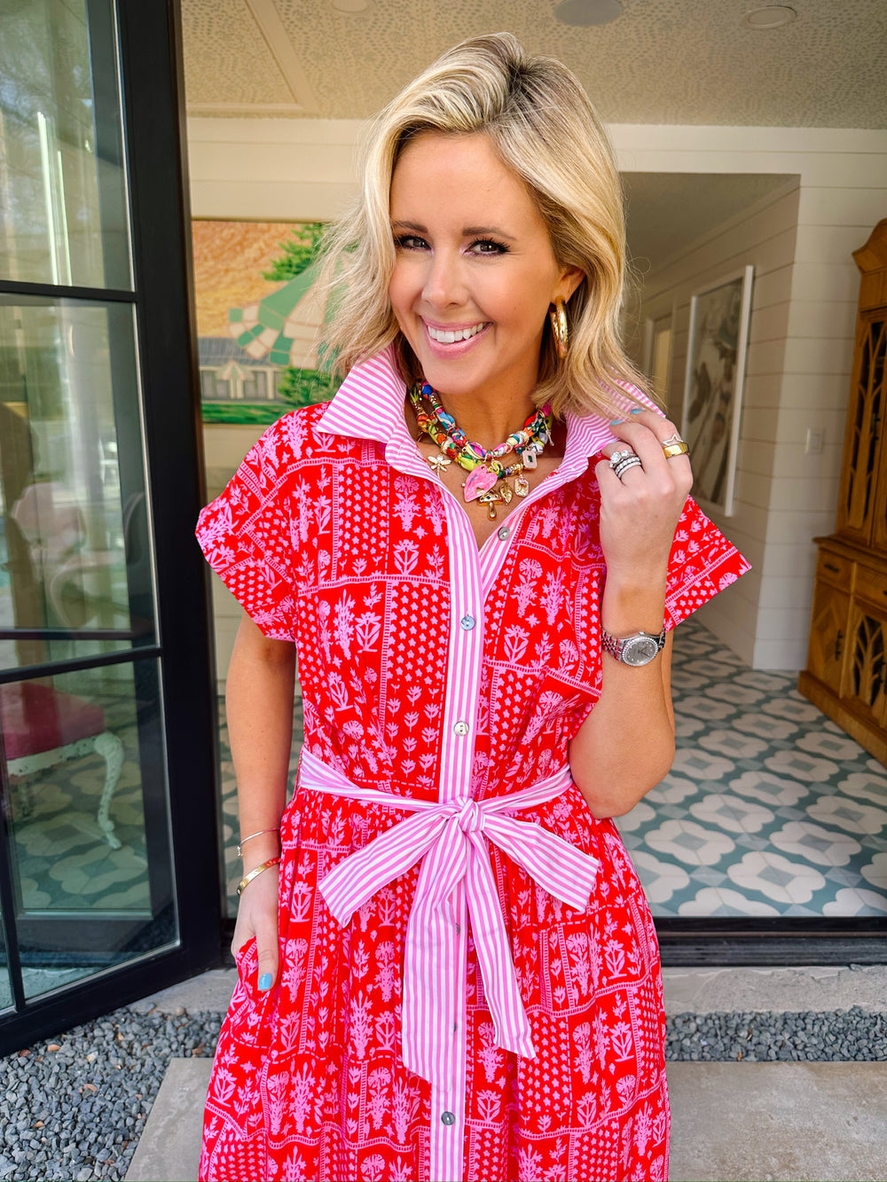 KEEP THEM GUESSING FLORAL STRIPE TRIM MIDI DRESS - RED