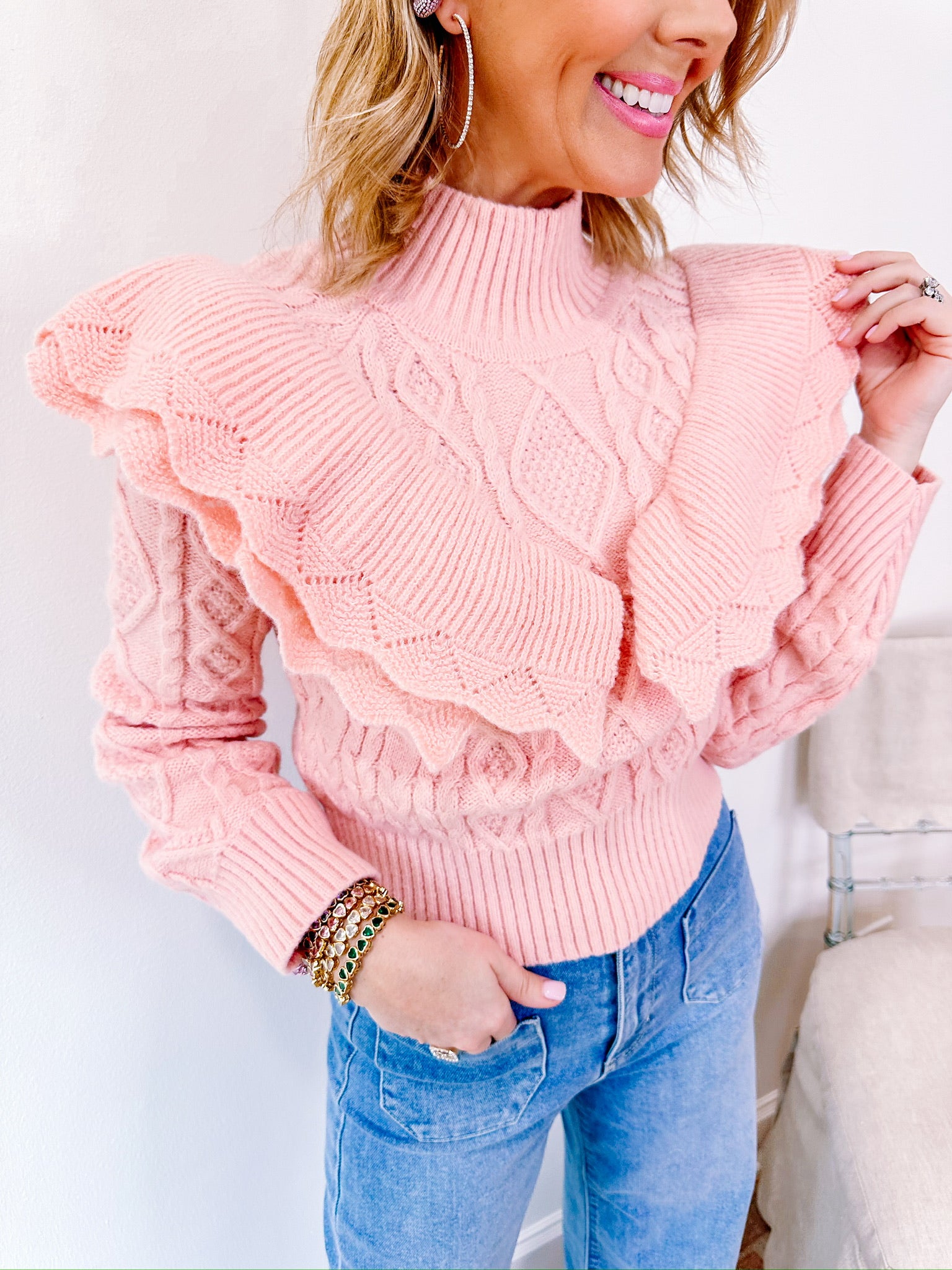 MISS PRISS RUFFLE CABLE KNIT SWEATER - PINK
