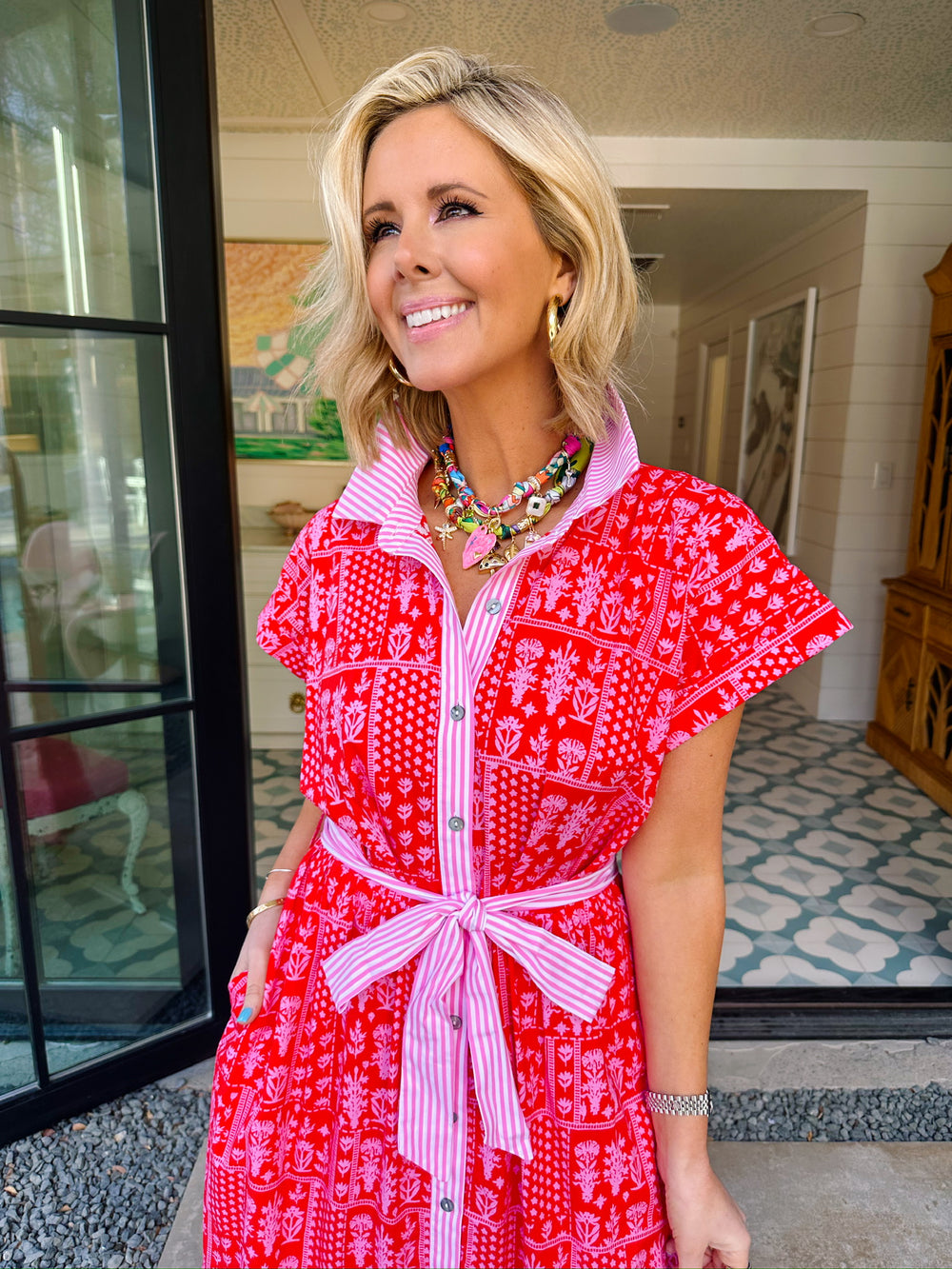 KEEP THEM GUESSING FLORAL STRIPE TRIM MIDI DRESS - RED