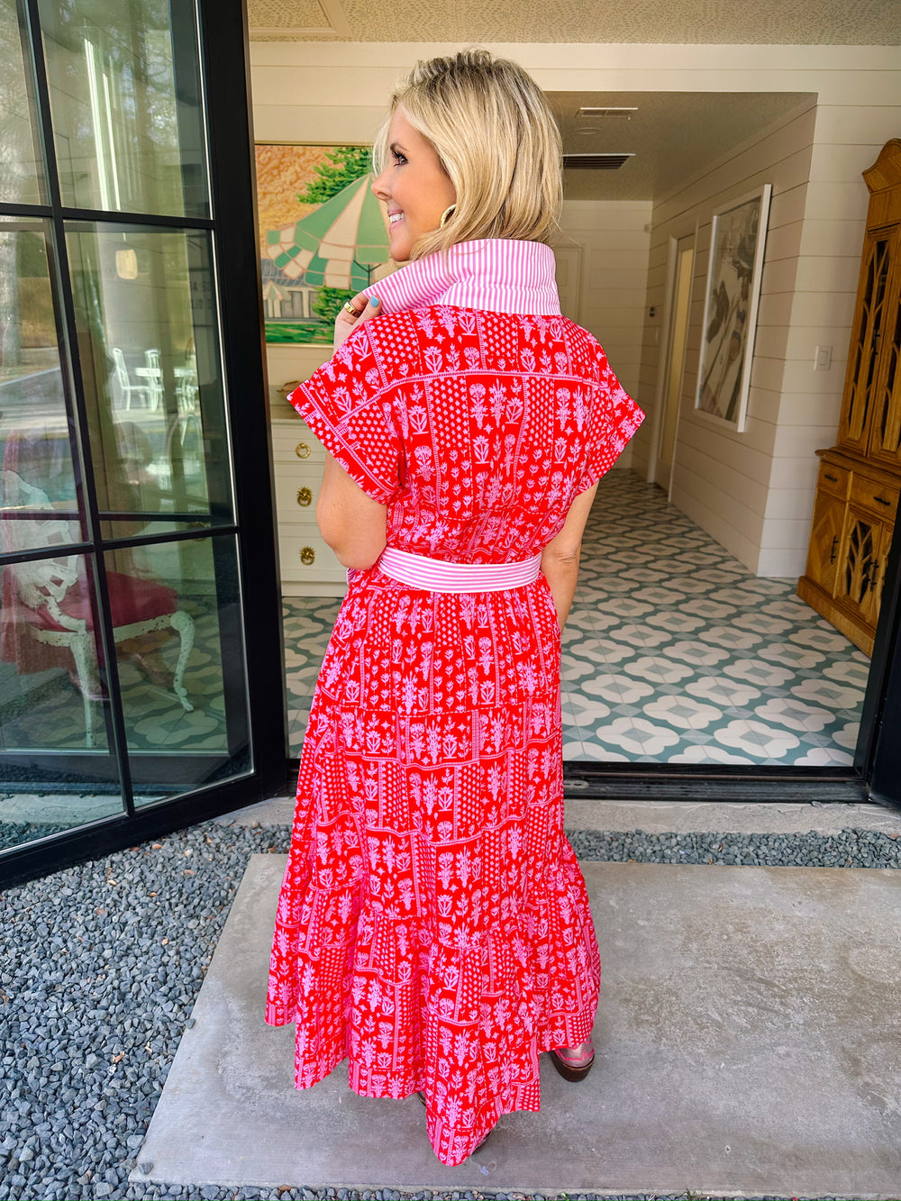 KEEP THEM GUESSING FLORAL STRIPE TRIM MIDI DRESS - RED