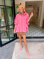 SERENA STRIPE OVERSIZED BUTTON UP TOP - RED/PINK