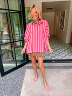 SERENA STRIPE OVERSIZED BUTTON UP TOP - RED/PINK