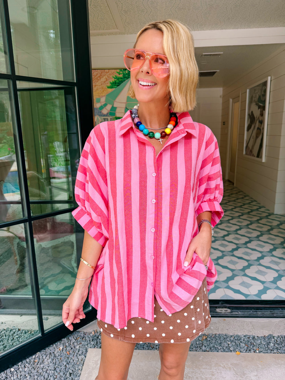 SERENA STRIPE OVERSIZED BUTTON UP TOP - RED/PINK