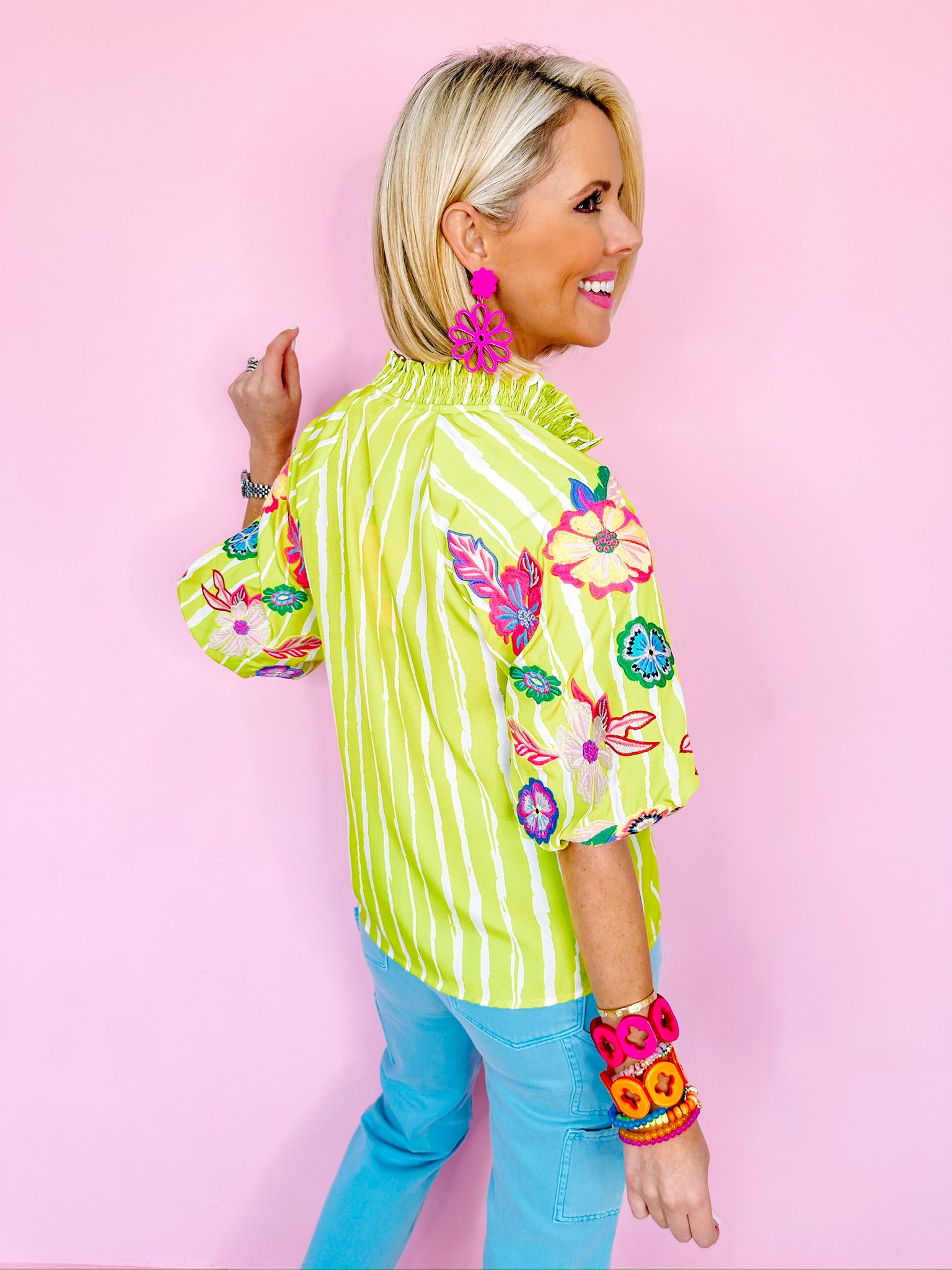 MAYAN EMBROIDERED FLOWERS PUFF SLEEVE TASSEL TOP - LIME