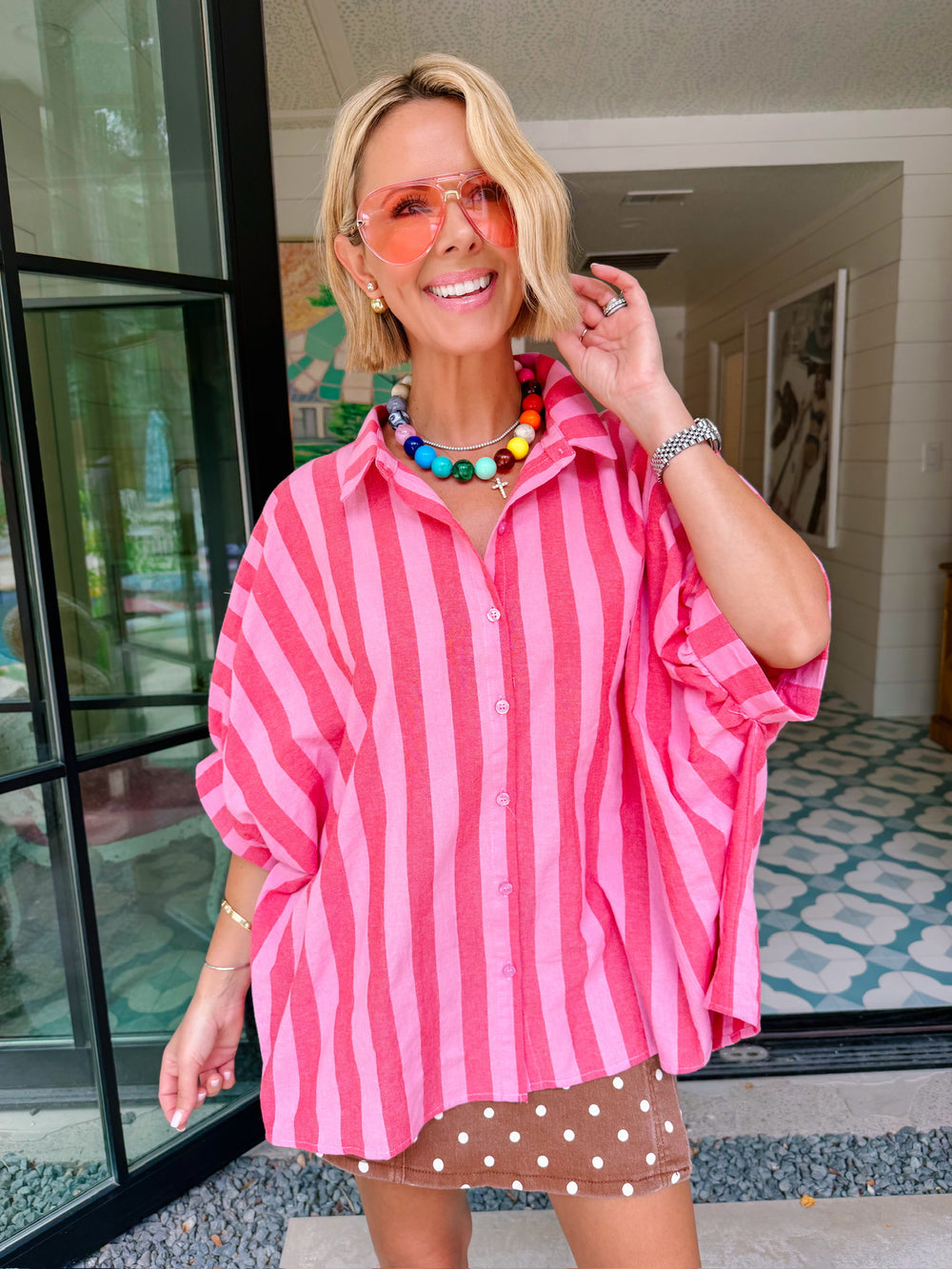 SERENA STRIPE OVERSIZED BUTTON UP TOP - RED/PINK