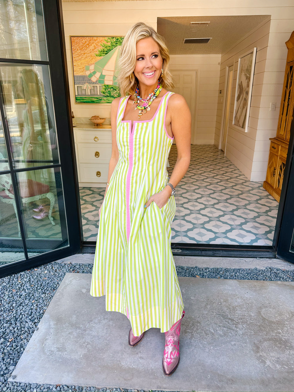 THE AUDREY STRIPE MIDI DRESS - GREEN/PINK