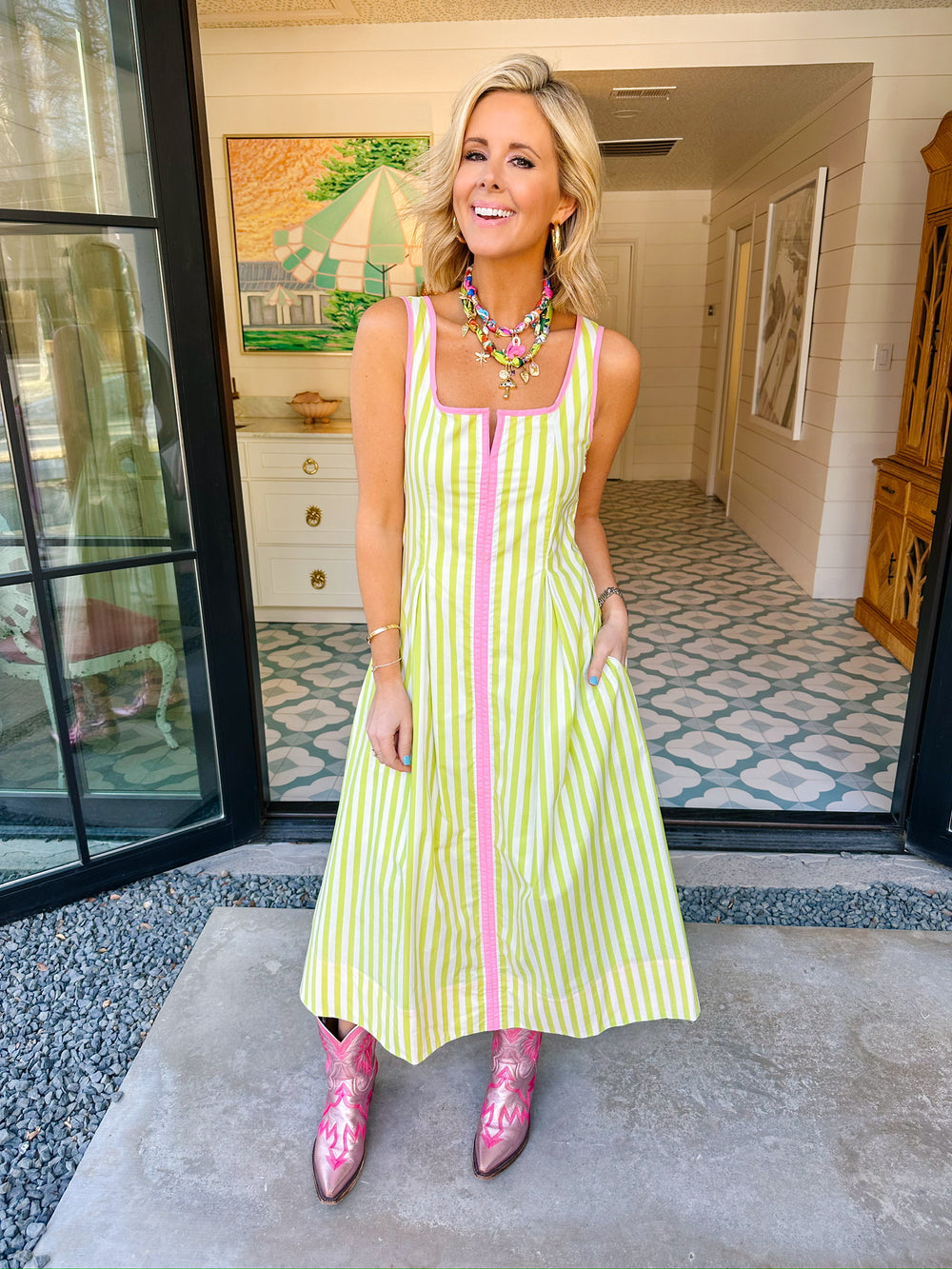 THE AUDREY STRIPE MIDI DRESS - GREEN/PINK