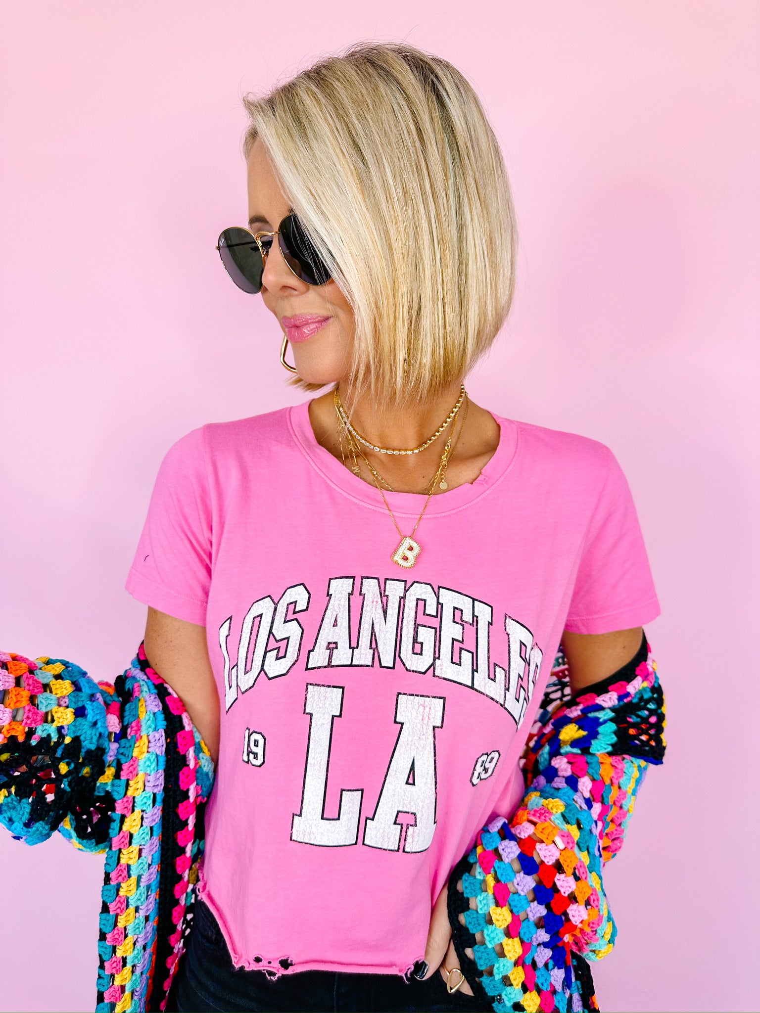 LOS ANGELES 1989 DISTRESSED CROP TEE - PINK