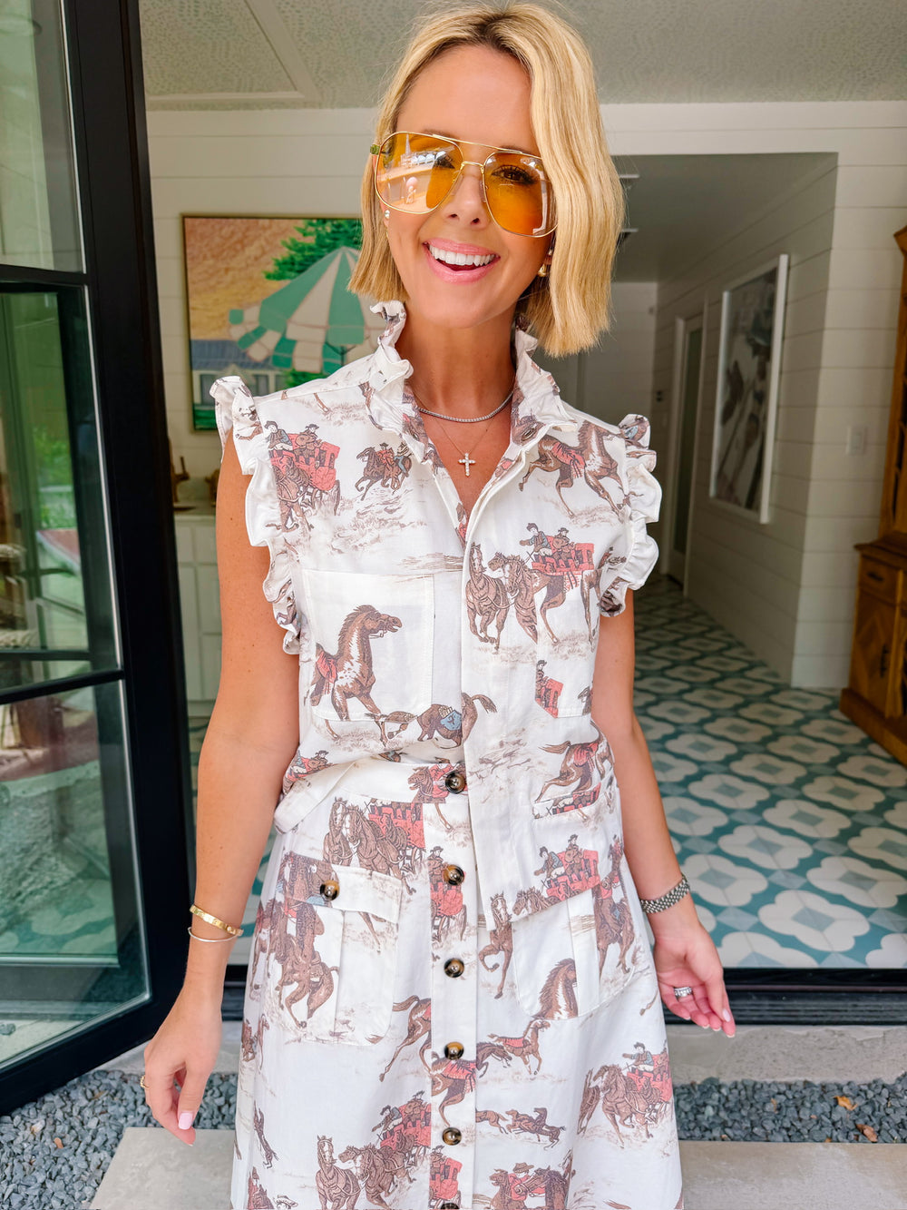 READY TO ROAM FREE HORSE RUFLE HEM TOP - CREAM