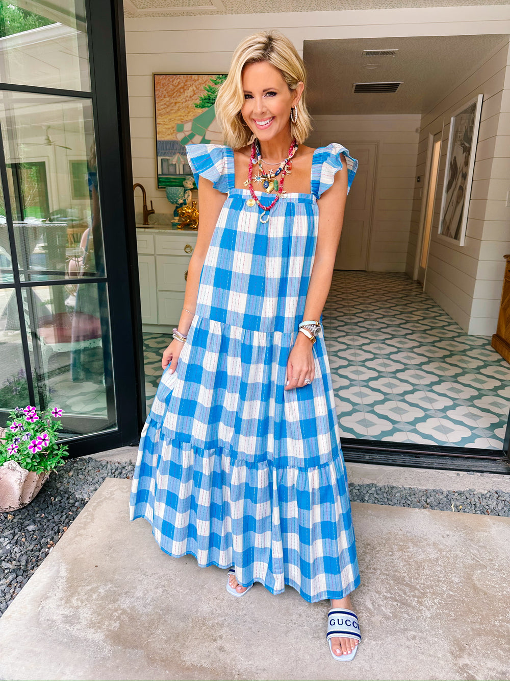 ANNIE GINGHAM MIDI DRESS - BLUE