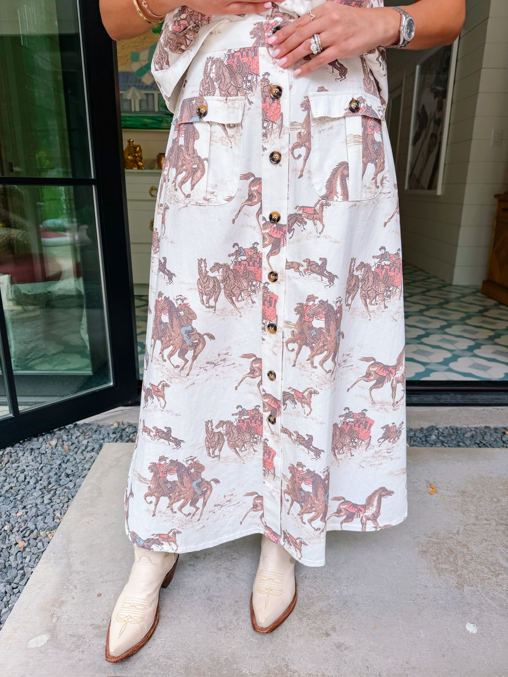 READY TO ROAM FREE HORSE MIDI SKIRT - CREAM