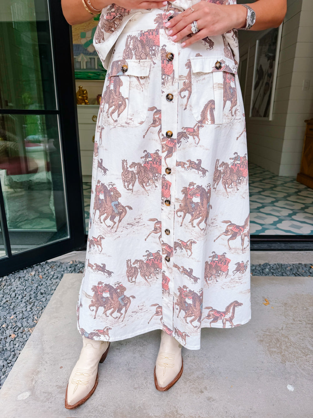 READY TO ROAM FREE HORSE MIDI SKIRT - CREAM