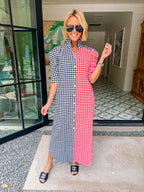NINA GINGHAM COLORBLOCK BUTTON UP MIDI DRESS - RED/BLACK