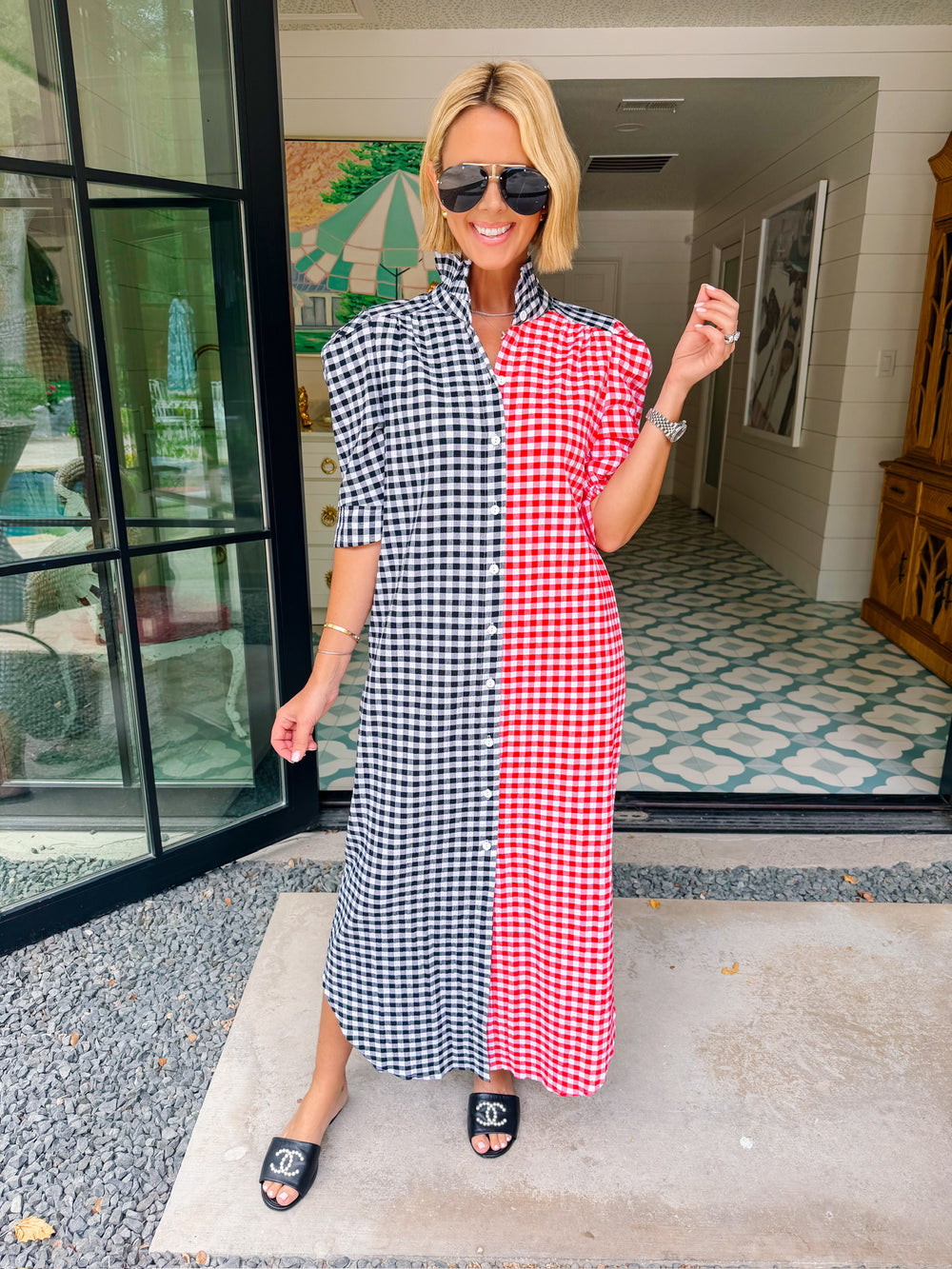 NINA GINGHAM COLORBLOCK BUTTON UP MIDI DRESS - RED/BLACK