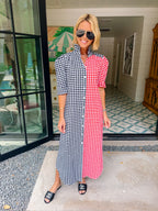 NINA GINGHAM COLORBLOCK BUTTON UP MIDI DRESS - RED/BLACK