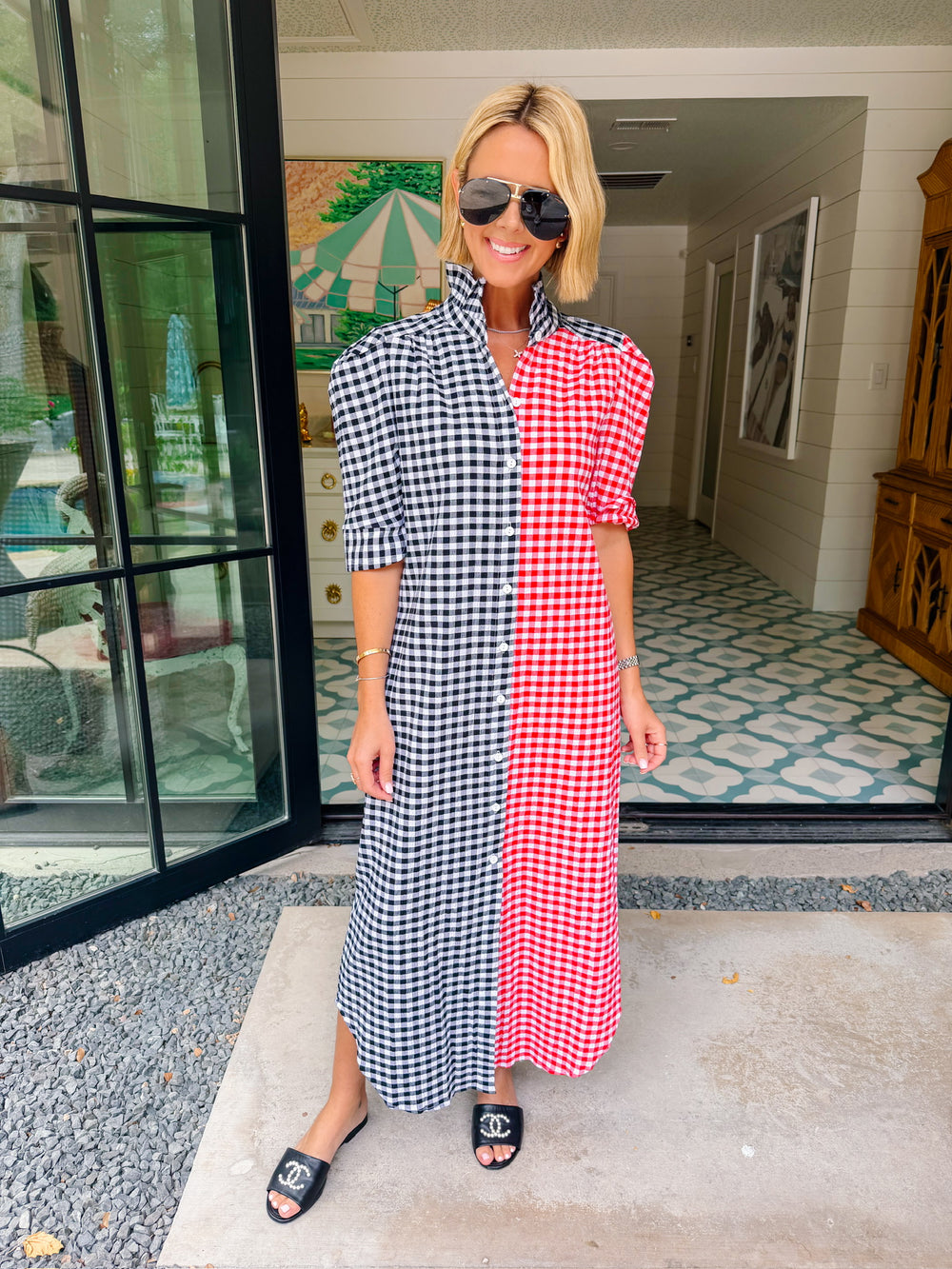 NINA GINGHAM COLORBLOCK BUTTON UP MIDI DRESS - RED/BLACK