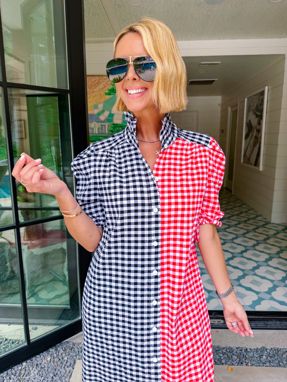 NINA GINGHAM COLORBLOCK BUTTON UP MIDI DRESS - RED/BLACK
