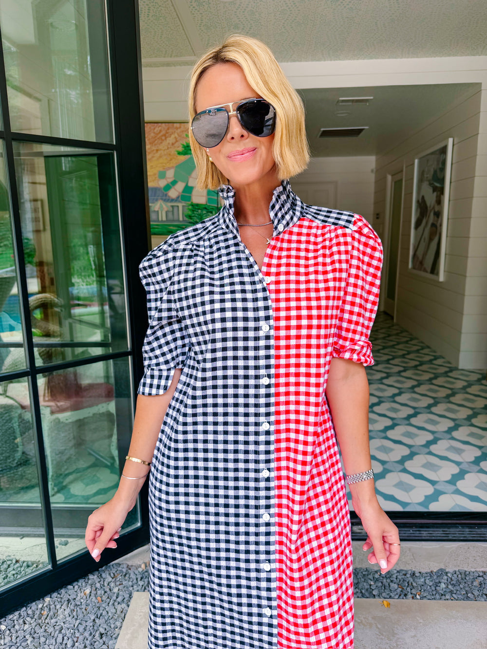 NINA GINGHAM COLORBLOCK BUTTON UP MIDI DRESS - RED/BLACK