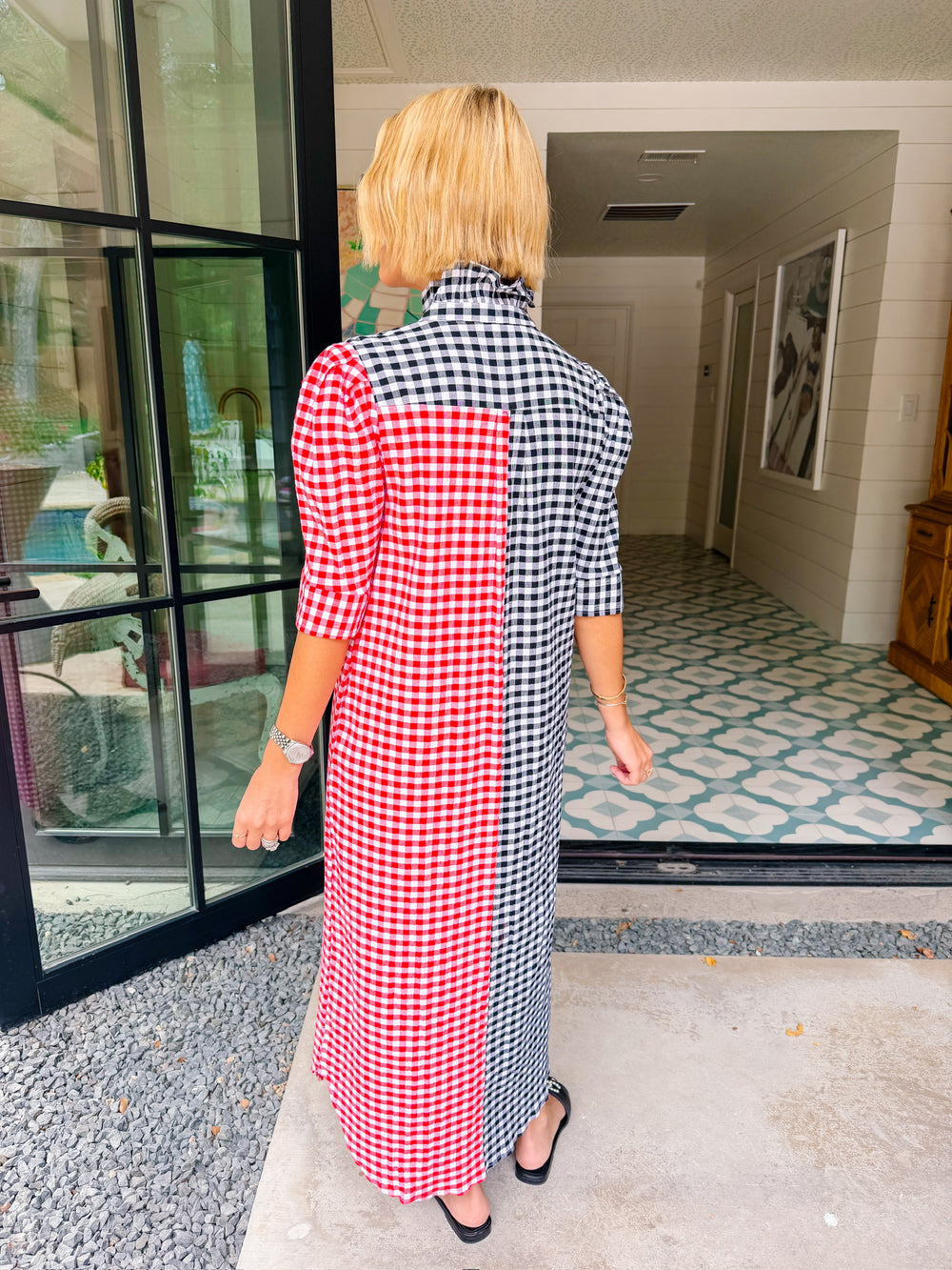 NINA GINGHAM COLORBLOCK BUTTON UP MIDI DRESS - RED/BLACK